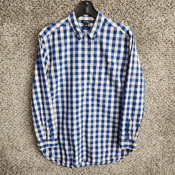Lucky Brand Top Womens Small Blue Off White Check Button Long Sleeve‎ Casual - Picture 1 of 7